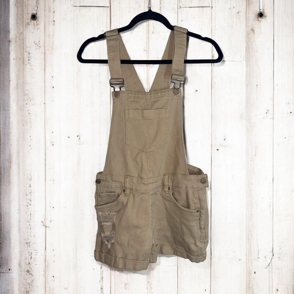 Women Dollhouse Tan Distressed Short Overalls XS